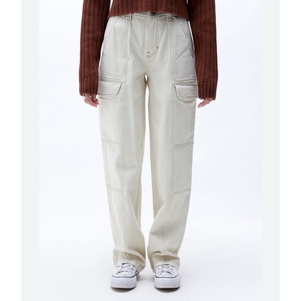 PACSUN Utility Cargo Baggy Pants Bone Canvas Elastic Waist 90s Womens M